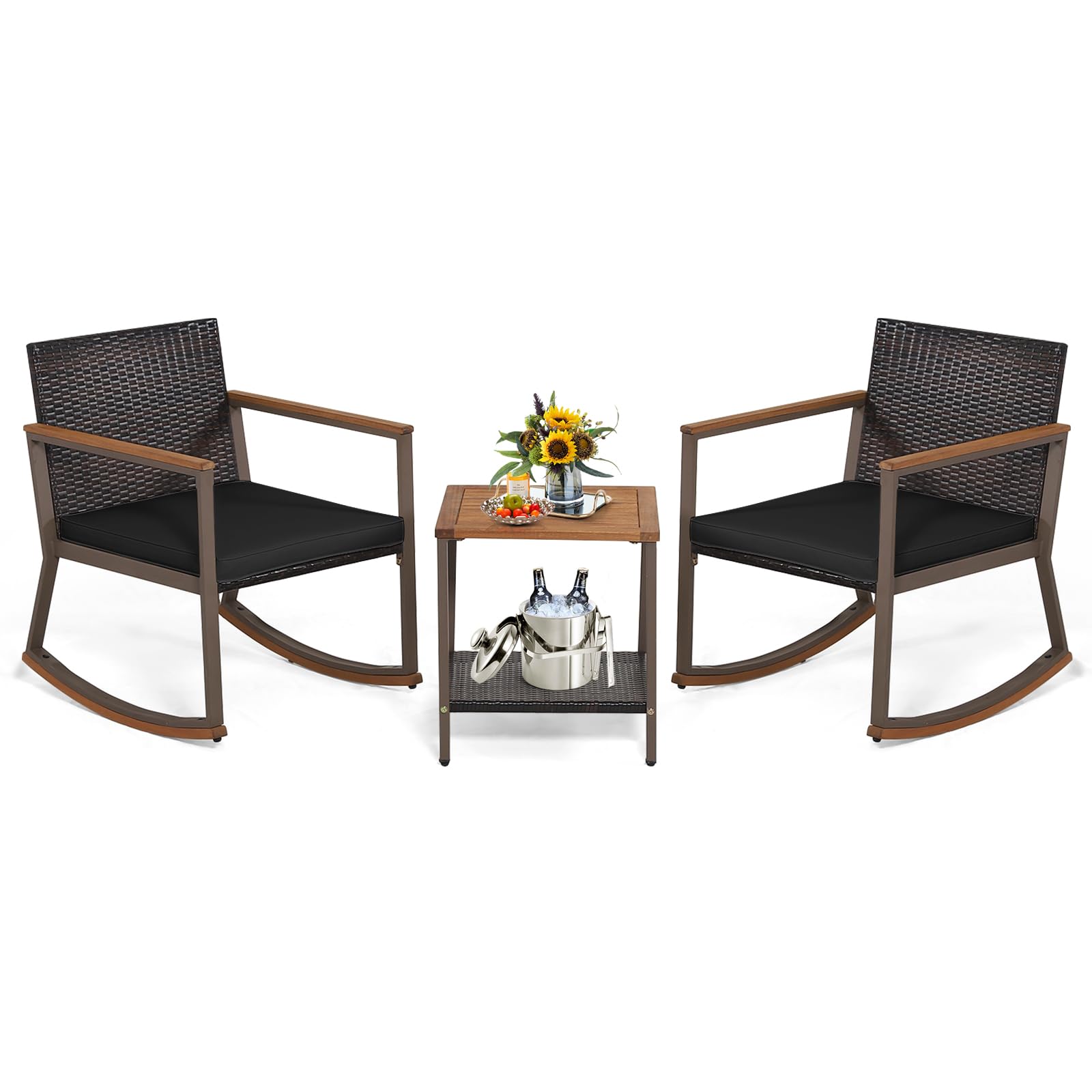 Tangkula 3 Pieces Rocking Bistro Set, Outdoor Rocker Chair with Coffee Table & Cushions