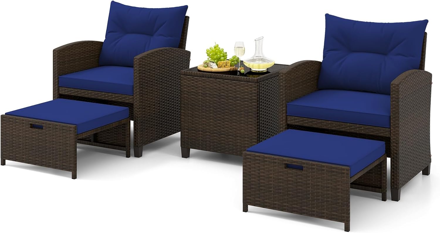 Tangkula 5 Piece Patio Rattan Furniture, Wicker Cushioned Chairs Set w/ 2 Ottomans & Tempered Glass Coffee Table