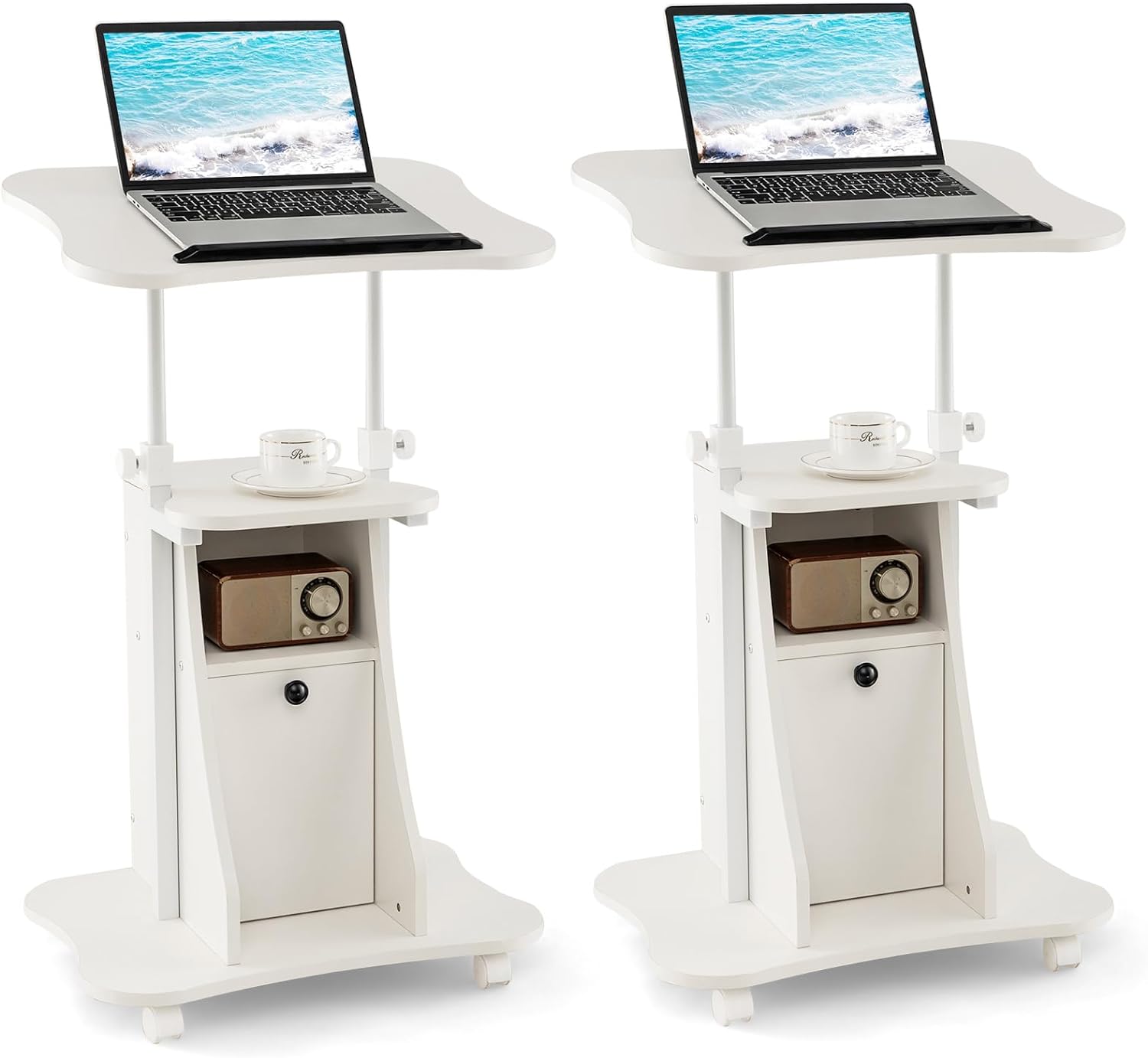 Mobile Laptop Podium, Height Adjustable Sit to Stand Desk with Tilting Desktop & Storage Cabinet