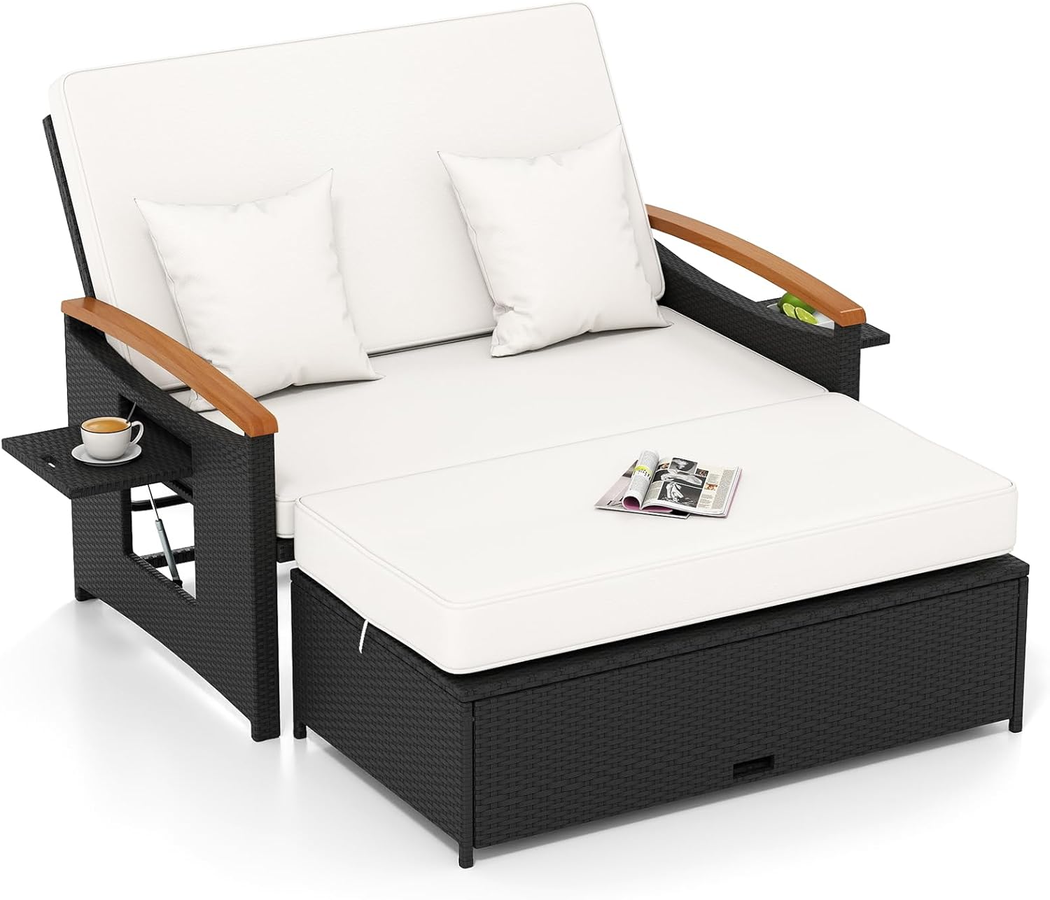 Tangkula Patio Rattan Daybed with 4-Level Adjustable Backrest