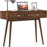 Tangkula Mid Century Desk with 2 Drawers, Modern Writing Study Desk with Solid Rubber Wood Legs