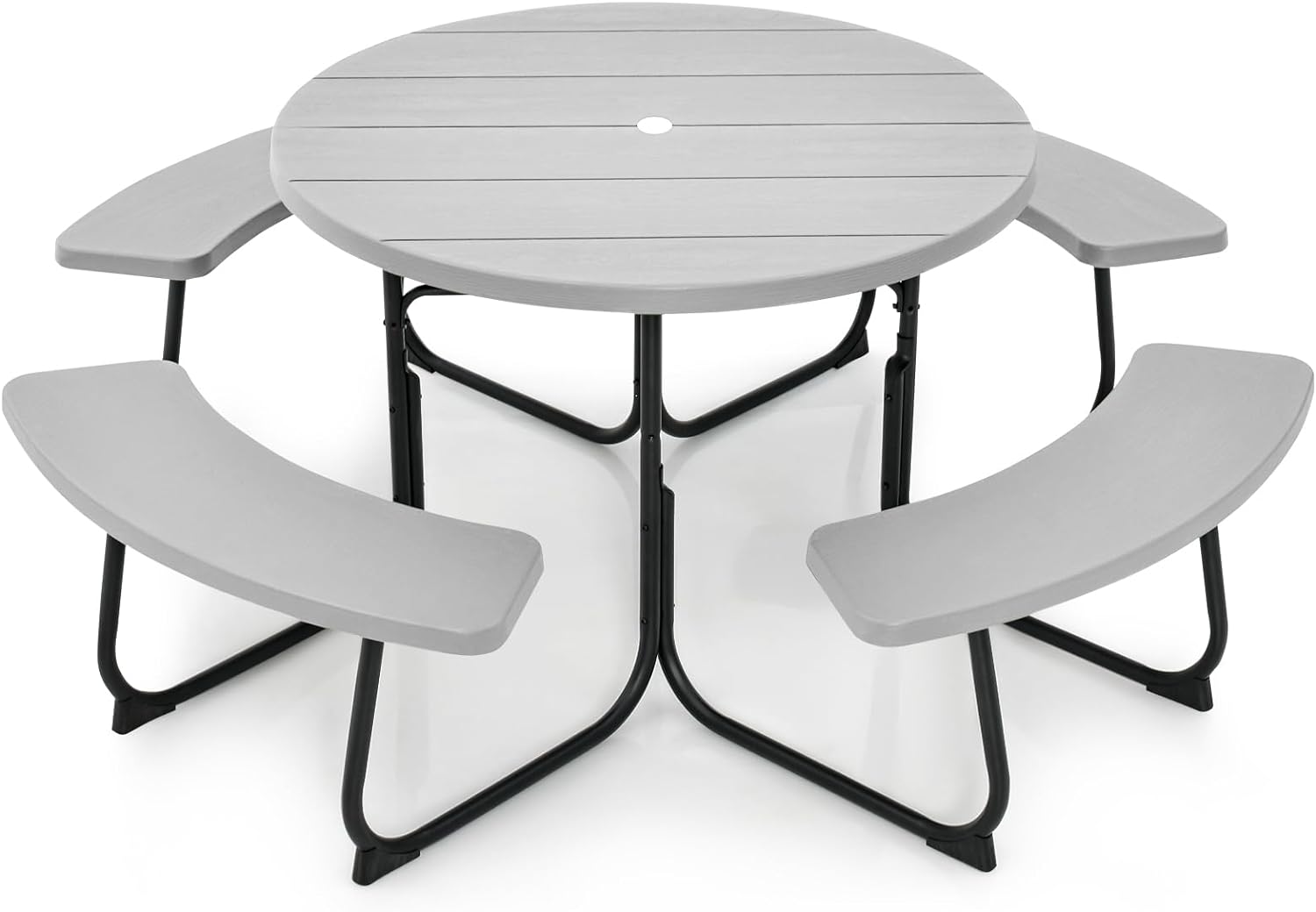 Tangkula 8 Person Picnic Table, Outdoor Round Picnic Table with 4 Built-in Benches, Umbrella Hole