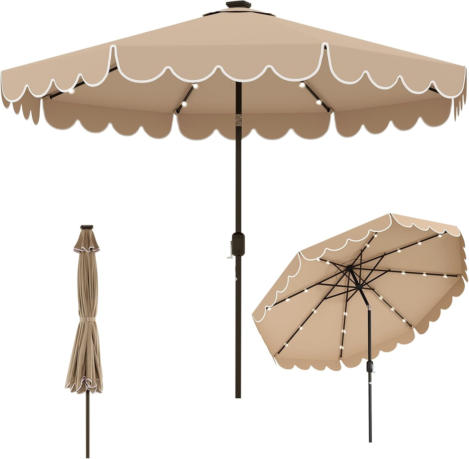 Tangkula 10FT Solar LED Patio Umbrella 2-Tiers Scalloped Outdoor Table Market Umbrella