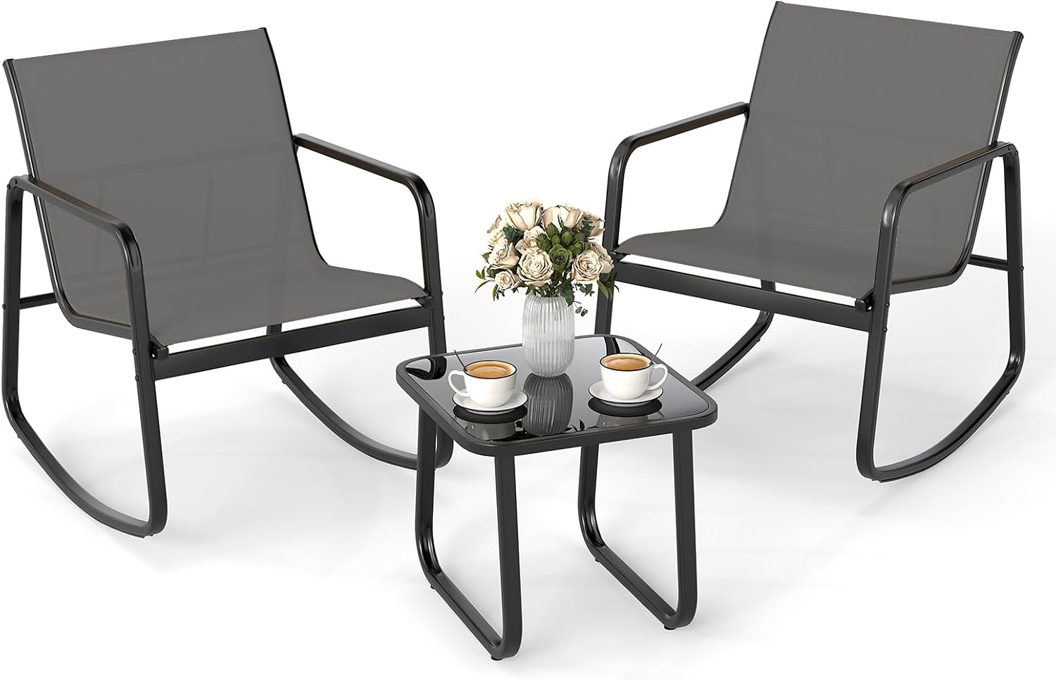 Tangkula 3 Pieces Patio Conversation Set, Outdoor Metal Chair & Table Set, Breathable Fabric & Tempered Glass Tabletop