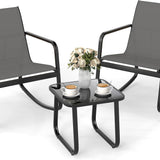 Tangkula 3 Pieces Patio Conversation Set, Outdoor Metal Chair & Table Set, Breathable Fabric & Tempered Glass Tabletop