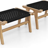 Tangkula Teak Ottoman Footstool, Natural Teak Wood Foot Rest with Handwoven Cordage