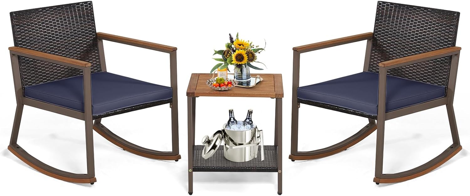 Tangkula 3 Pieces Rocking Bistro Set, Outdoor Rocker Chair with Coffee Table & Cushions