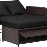 Tangkula Patio Rattan Daybed, Patiojoy Wicker Loveseat Sofa with 4-Postion Adjustable Backrest, Storage Ottoman, Cushions
