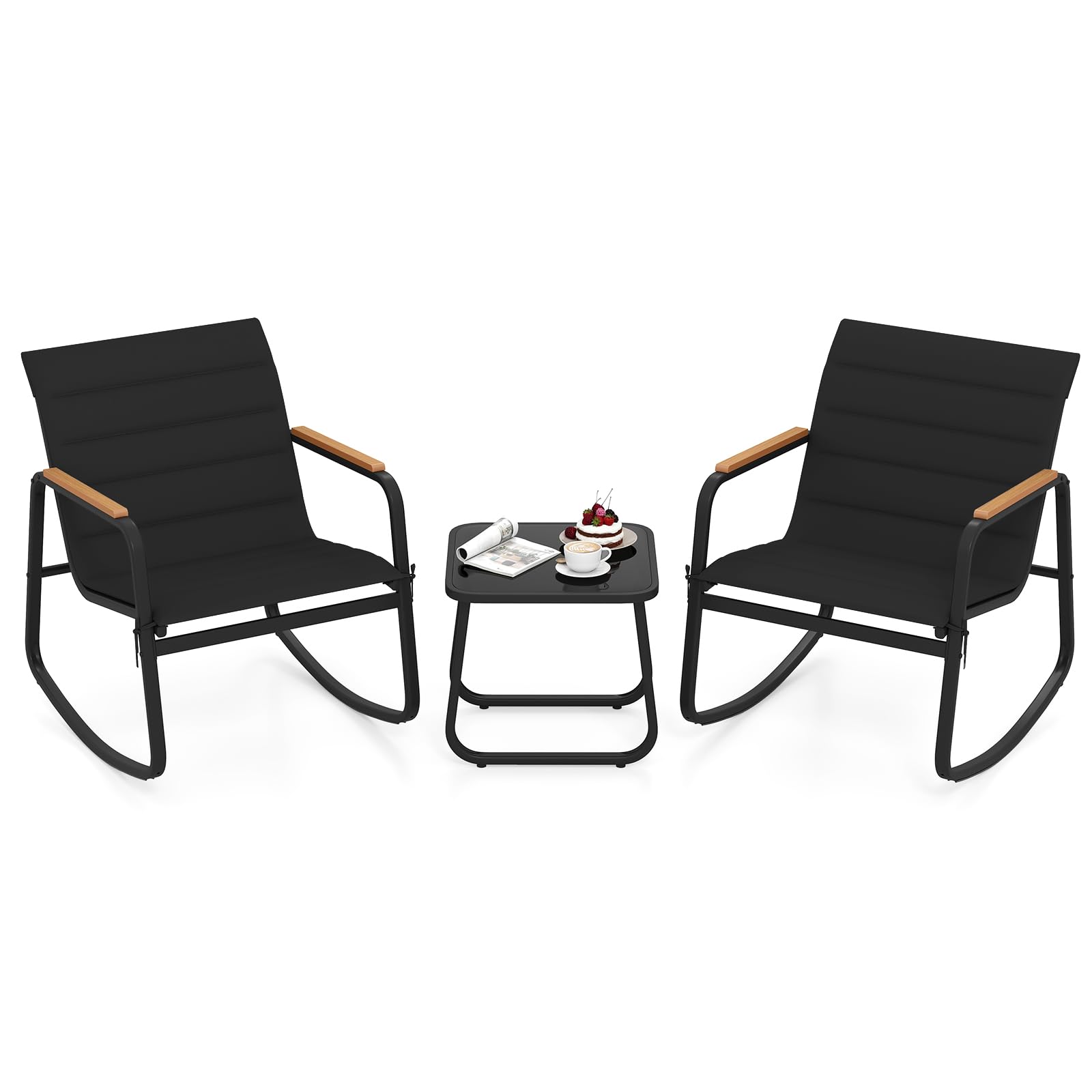 Tangkula 3 Piece Outdoor Rocking Bistro Set Metal Frame & Soft Cushions
