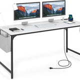 Tangkula 60” Large Computer Desk with Charging Station, Modern Simple Study Writing Desk with Storage Bag
