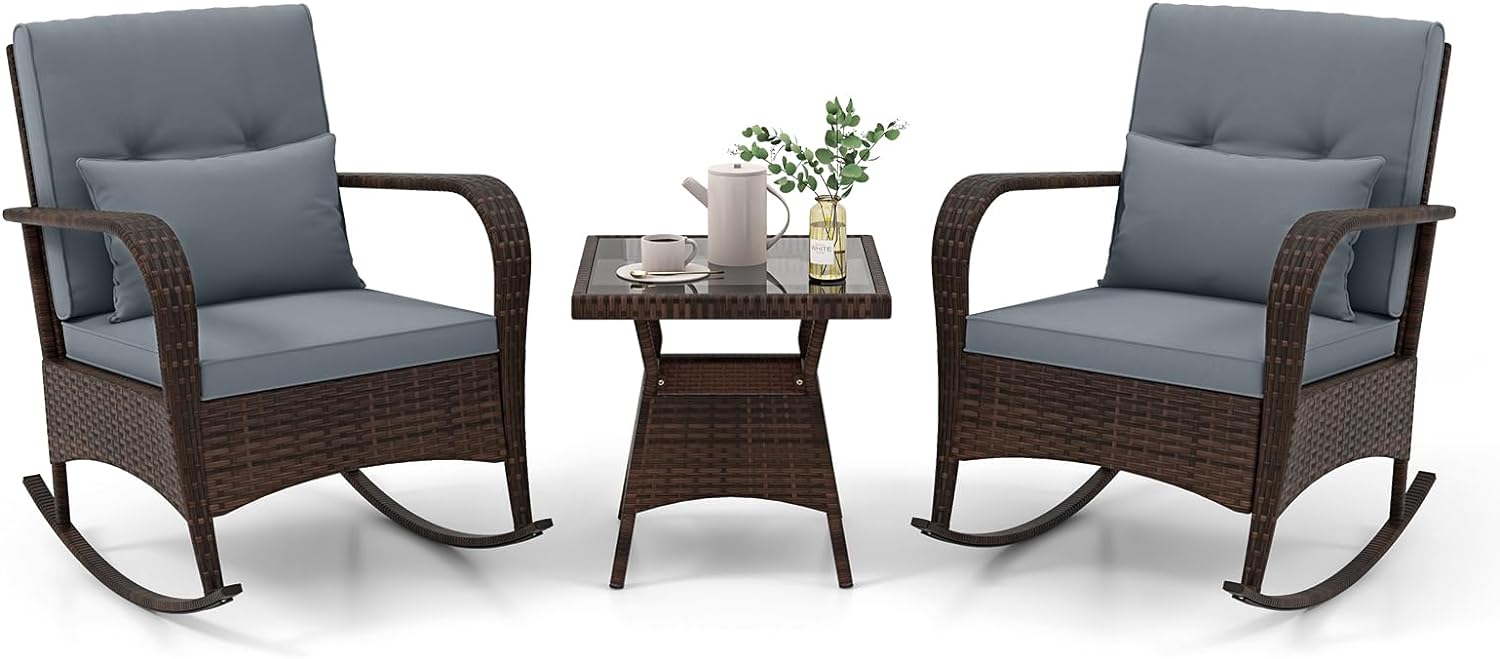 Tangkula 3 Pieces Rocking Bistro Set, Patiojoy Outdoor PE Rattan Rocker Chairs with Removable Cushions & Tempered Glass Top Coffee Table
