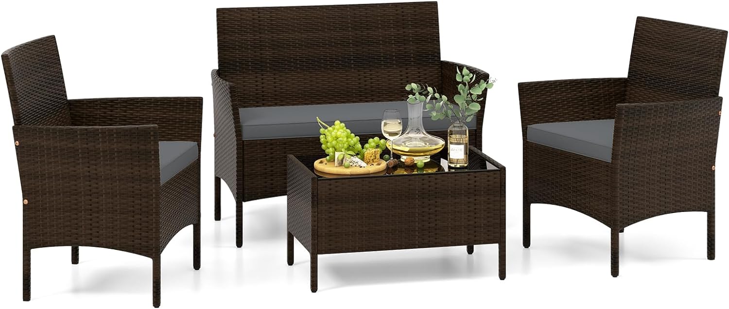Tangkula 4/8 Piece Patio Rattan Conversation Set, Outdoor Wicker Furniture Set with Loveseat