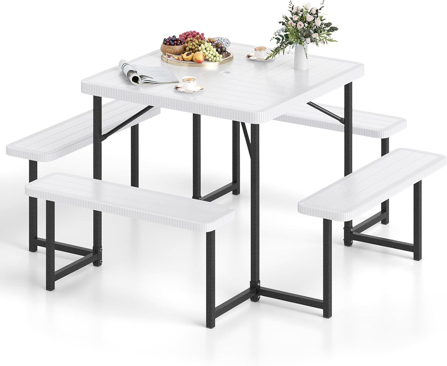 Tangkula 8 Person HDPE Outdoor Square Table and Bench Set with 4 Built-in Benches