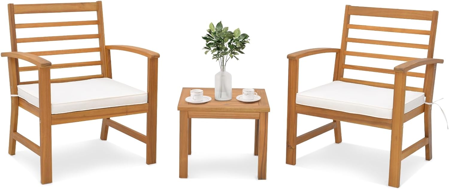 Tangkula 3 Pieces Outdoor Furniture Set, Acacia Wood Conversation Set with Soft Seat Cushions
