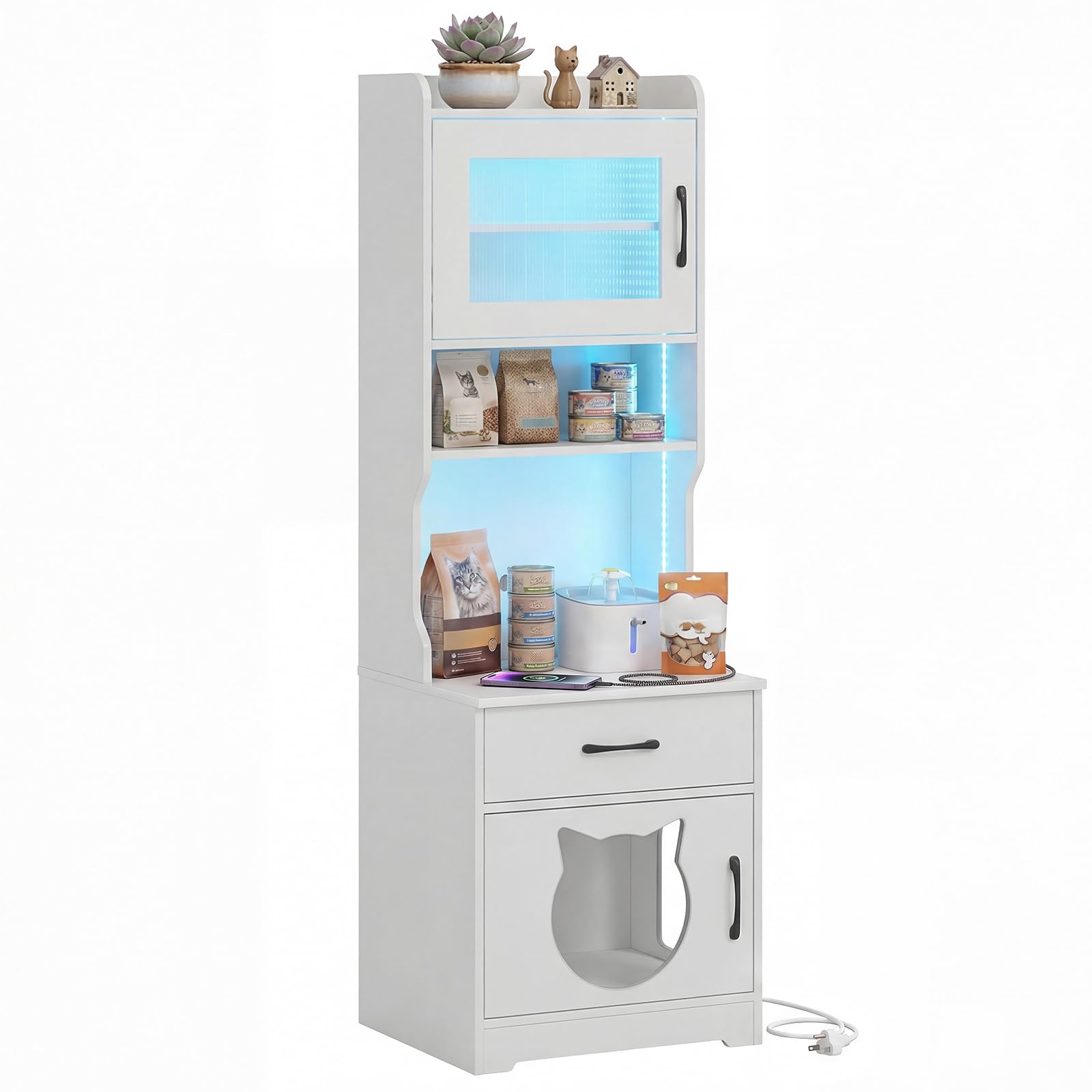 Tangkula 60" Tall Cat Litter Box Enclosure | Adjustable LED Light, Storage Shelves