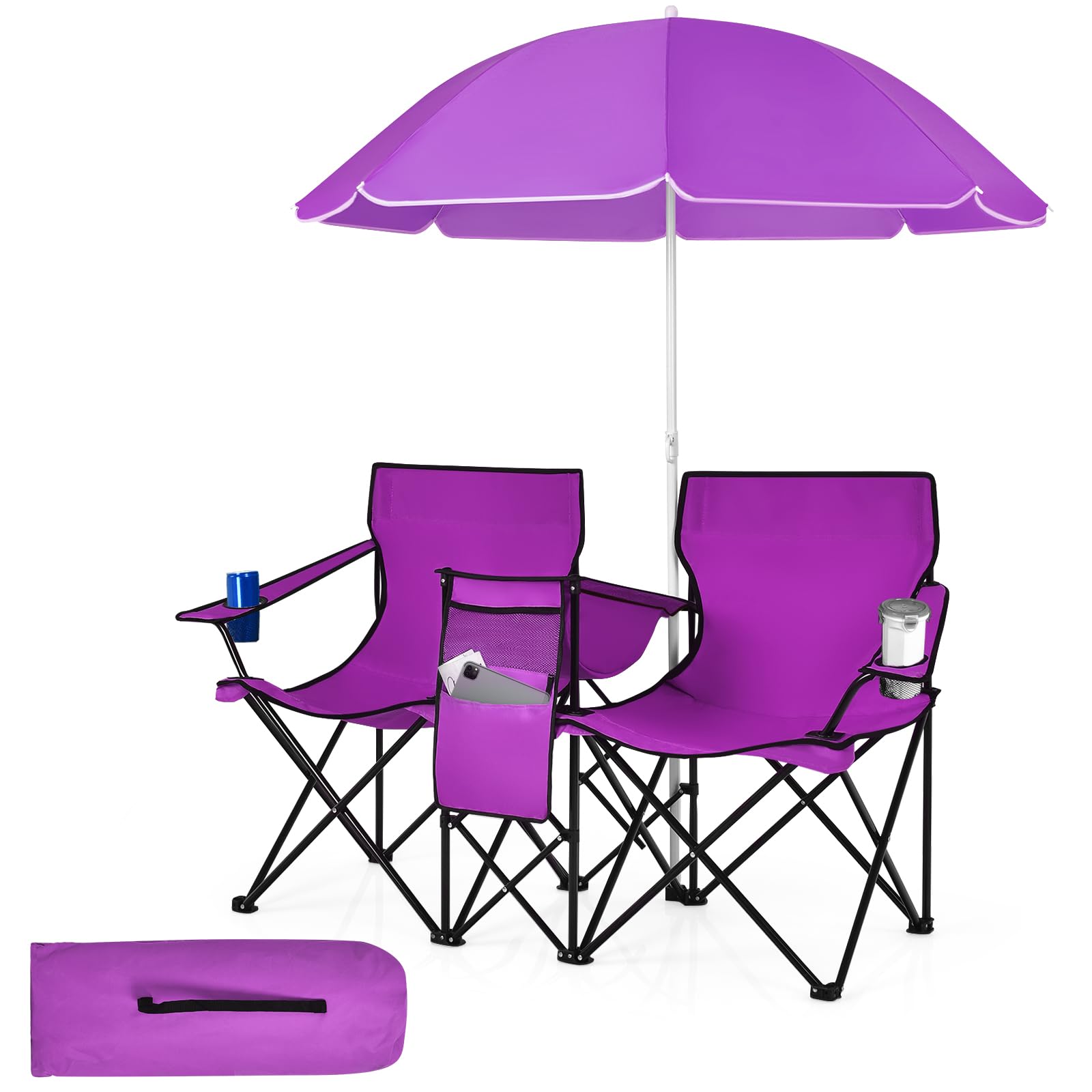 Tangkula Double Camping Chairs with Umbrella, Portable 2 Seat Folding Camp Chair with Cooler Bag