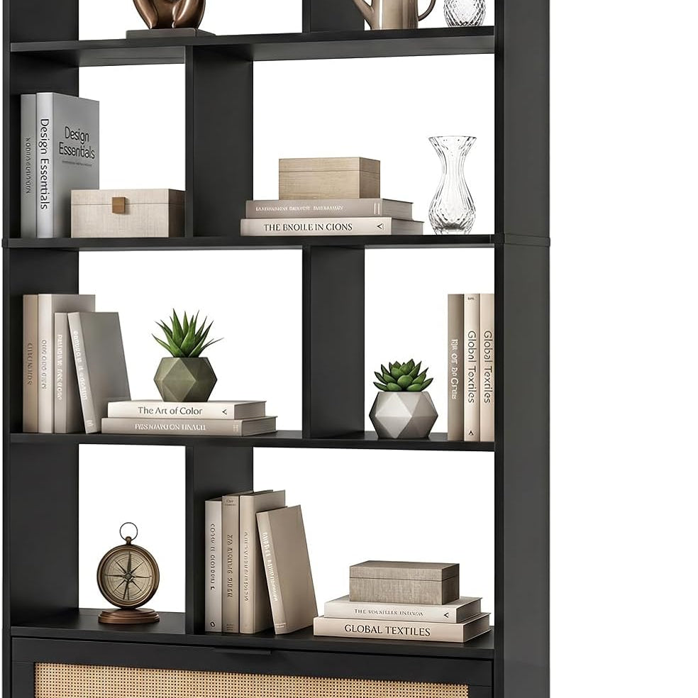 Tangkula Freestanding 6-Tier Wooden Bookshelf with Rattan Drawer