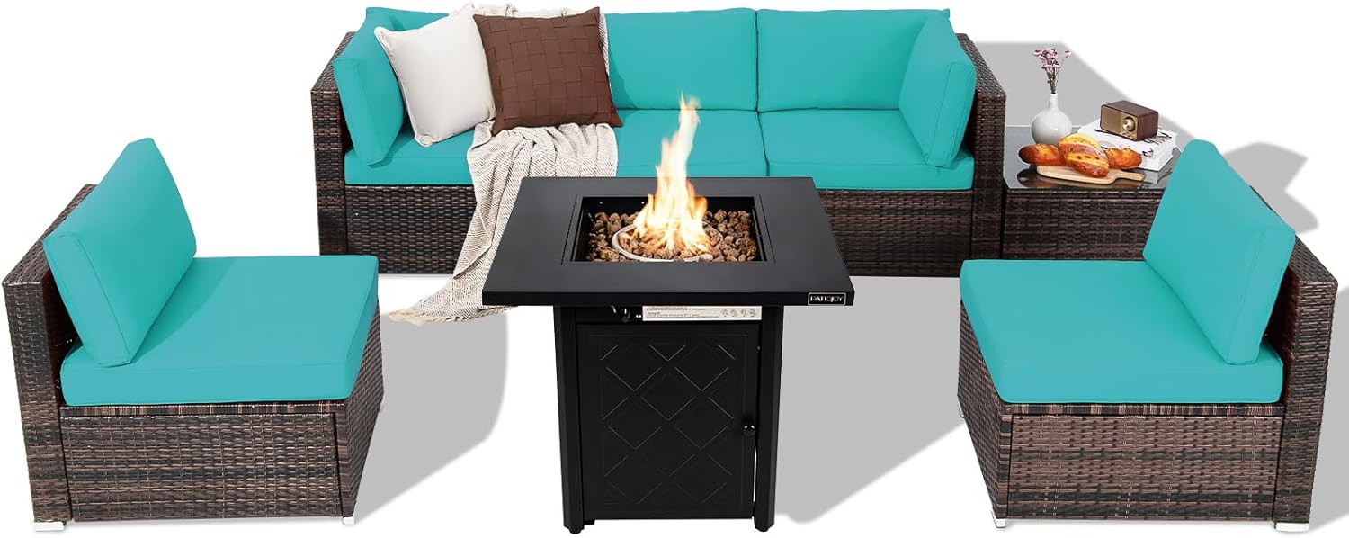 Tangkula 7 Pieces Patio Furniture Set with 28" 50000 BTU Propane Gas Fire Pit Table
