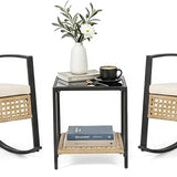 Tangkula 3-Piece Outdoor Rocking Chair Set w/ 2-Tier Glass-Top Side Table