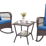 Tangkula 3 Piece Patio Rocker Set, Patiojoy Outdoor Wicker Rocking Chairs w/Double-Layer Coffee Table