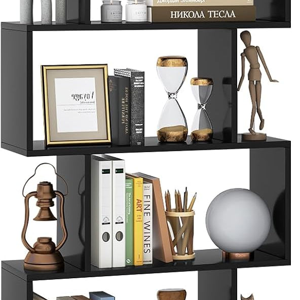 Tangkula S Shaped Bookshelf with Cabinet, 6-Tier Bookcase with Doors, Freestanding Geometric Bookshelves for Living Room