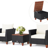Tangkula 3 Pieces Patio Porch Furniture Set, PE Rattan Wicker Chair Conversation Set with Cushions and Storage Table