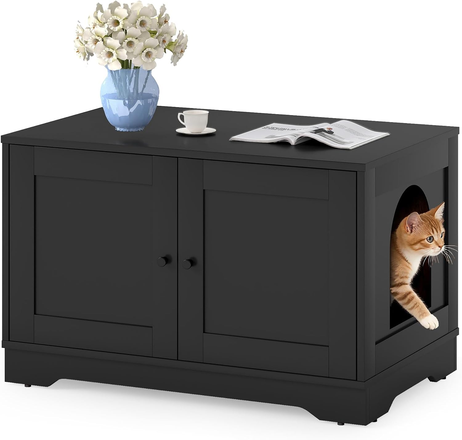 Tangkula Cat Litter Box Enclosure Furniture Indoor Wooden Cat House End Side Table Nightstand