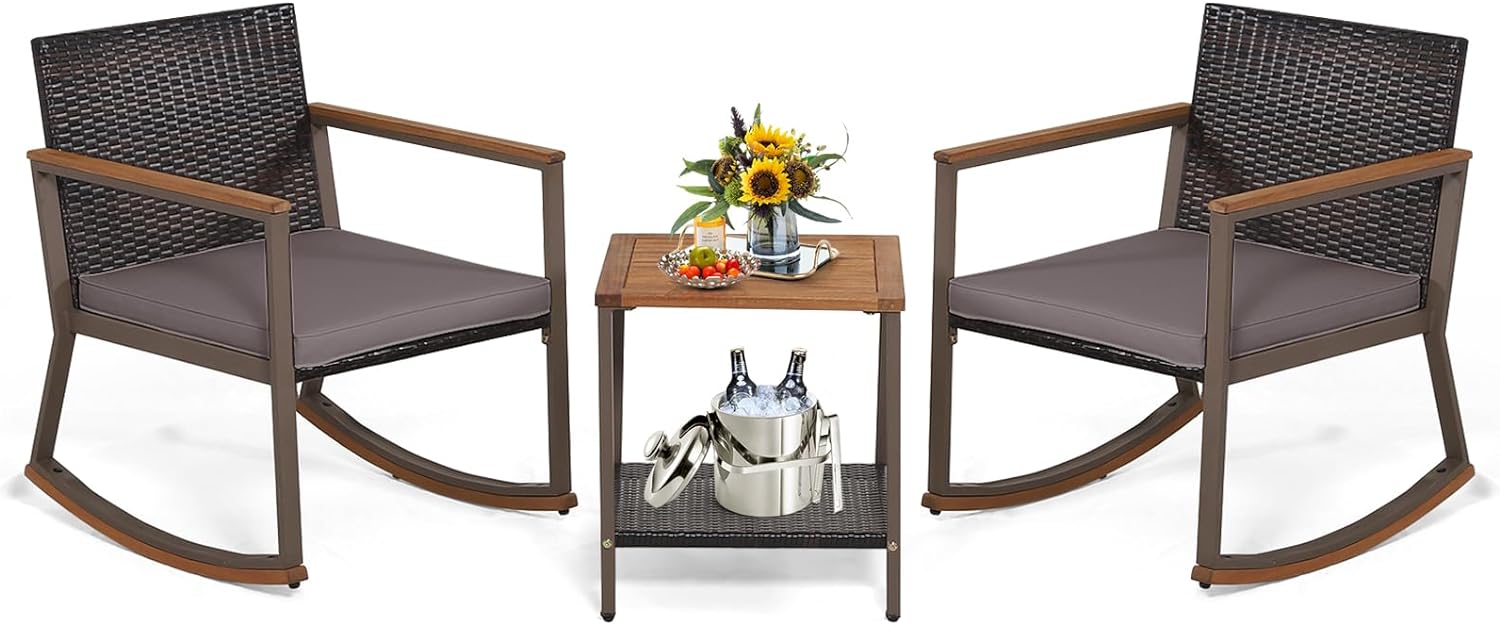 Tangkula 3 Pieces Rocking Bistro Set, Outdoor Rocker Chair with Coffee Table & Cushions