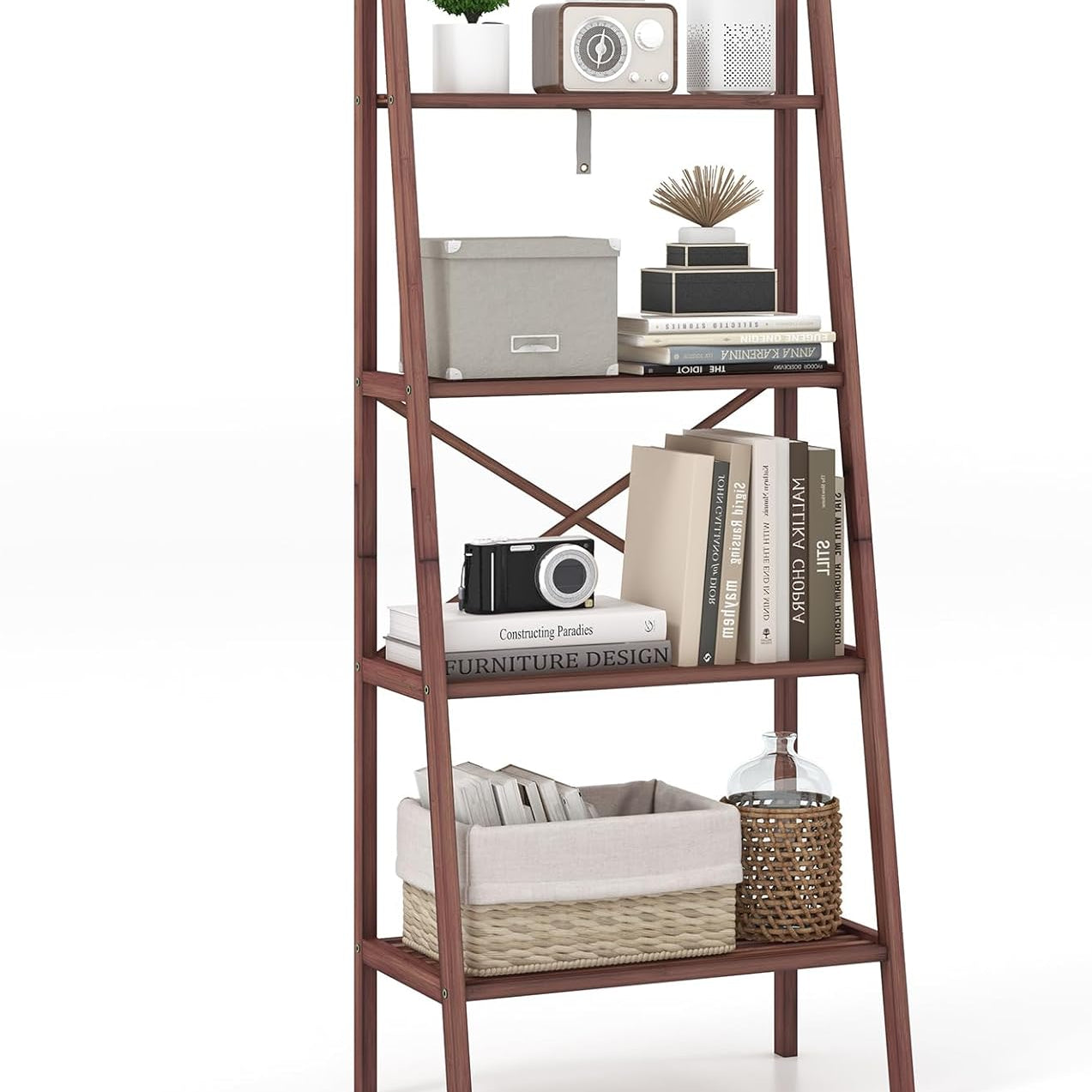Tangkula 4 Tier Bamboo Ladder Bookshelf, Freestanding Plant Display Stand