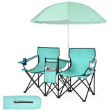 Tangkula Double Camping Chairs with Umbrella, Portable 2 Seat Folding Camp Chair with Cooler Bag