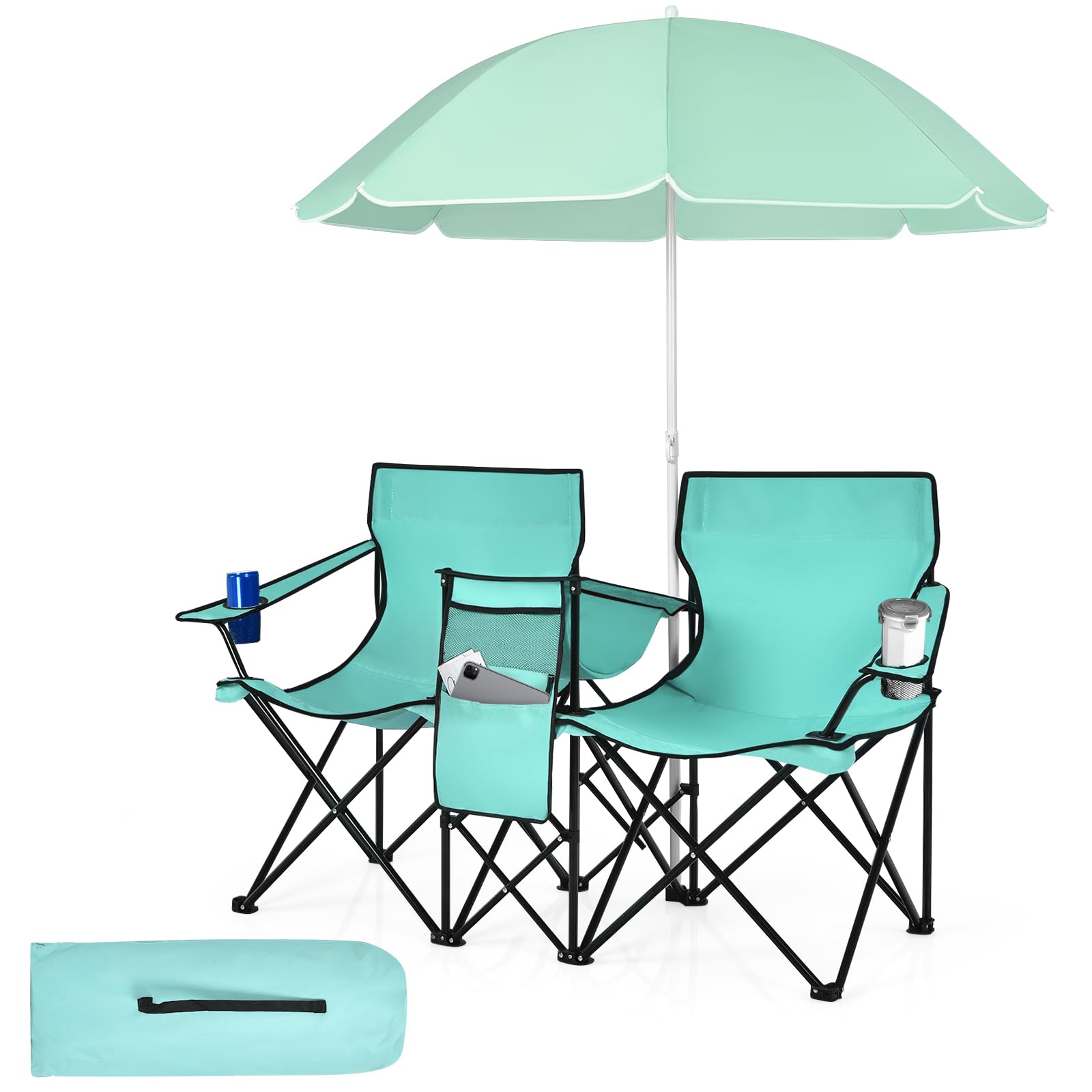 Tangkula Double Camping Chairs with Umbrella, Portable 2 Seat Folding Camp Chair with Cooler Bag
