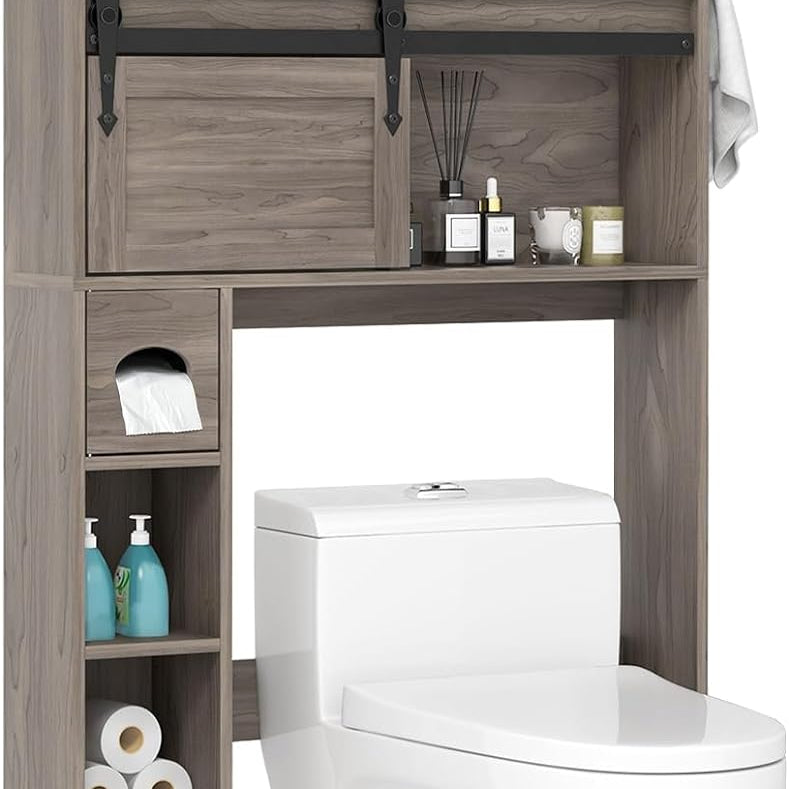 Tangkula Over The Toilet Storage Cabinet, Farmhouse Freestanding Above Toilet Rack w/Sliding Barn Door