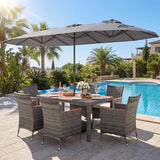 Tangkula 8 Piece Rattan Outdoor Dining Set with 13Ft Umbrella for 6