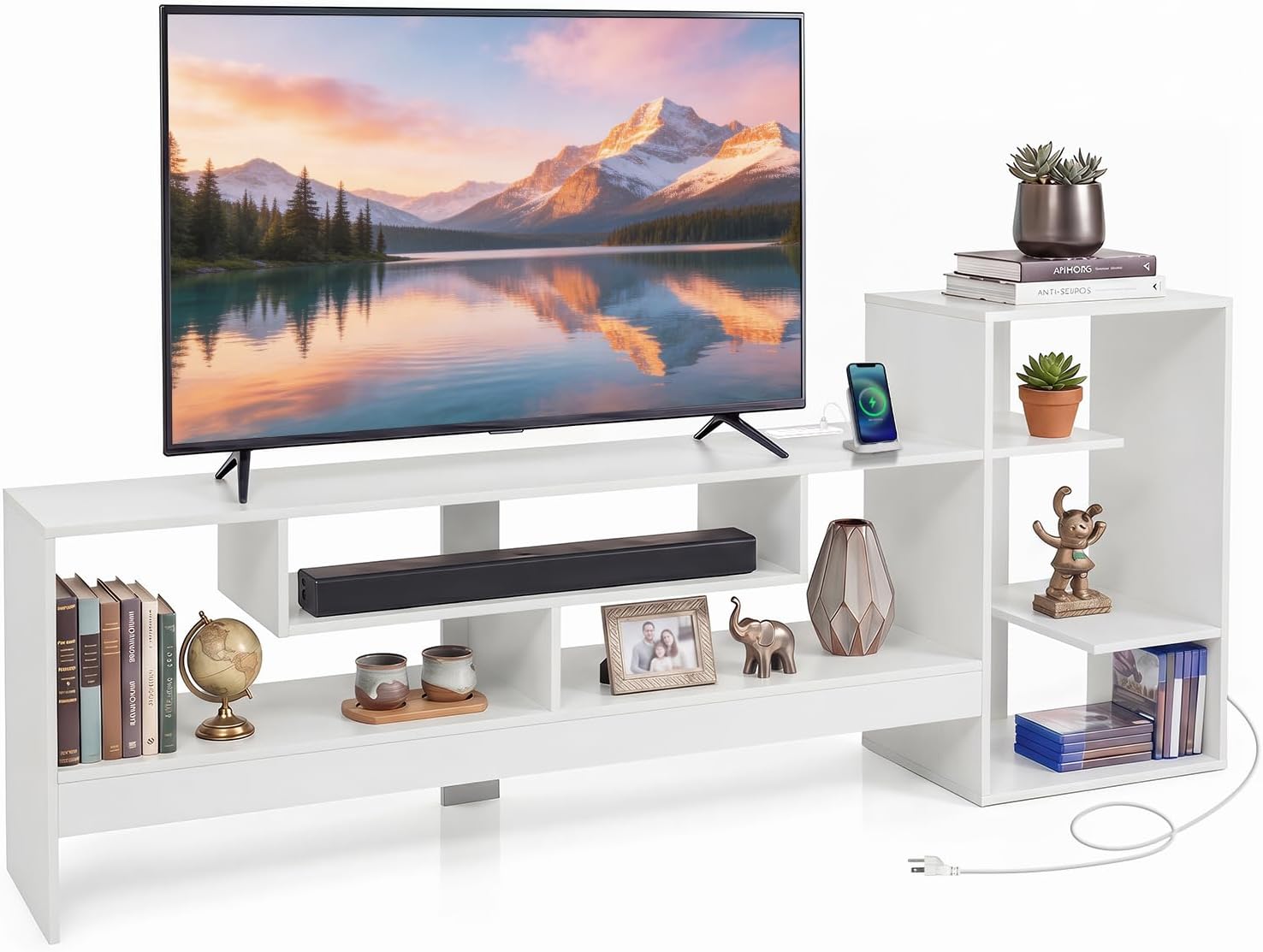 Tangkula Cube TV Stand for 55 Inch TV with Power Outlets & Open Storage Shelves