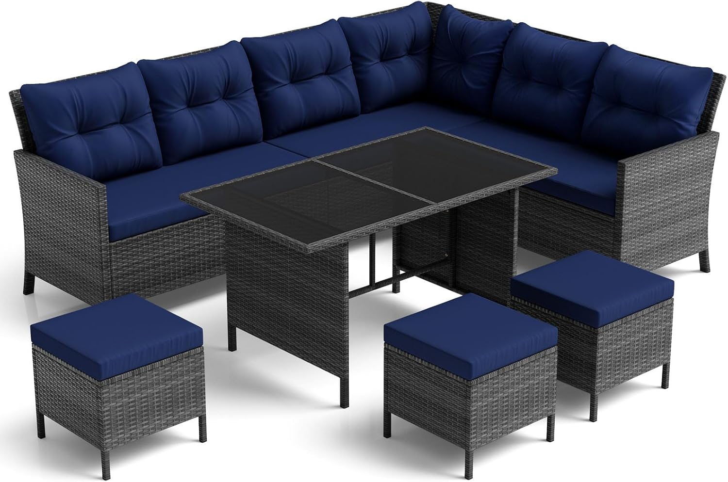 Tangkula 7 Pieces Patio Dining Furniture Set, Outdoor PE Rattan Sectional Sofa Set with Soft Cushions