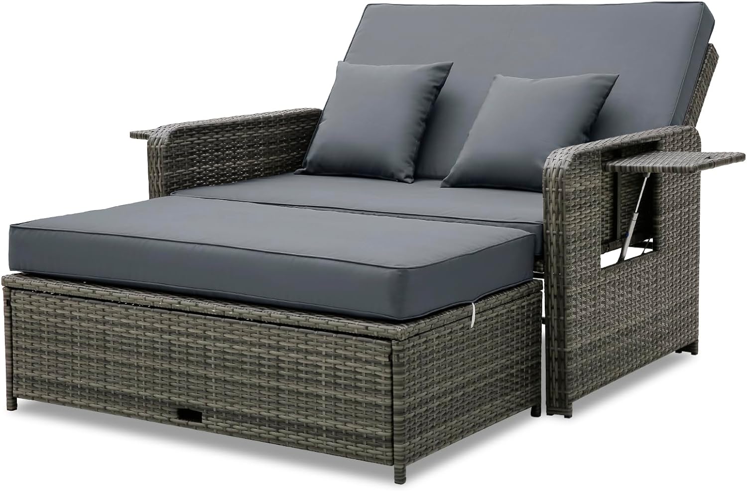 Tangkula Patio Rattan Daybed, Patiojoy Wicker Loveseat Sofa with 4-Postion Adjustable Backrest, Storage Ottoman, Cushions