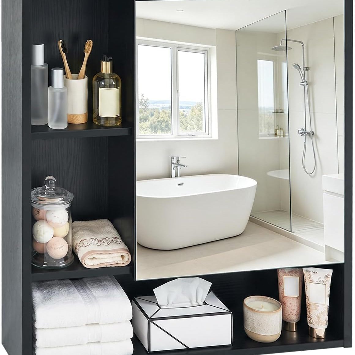 Tangkula Wall-Mounted Bathroom Mirror Cabinet w/2 Hidden Storage Shelves & 3 Open Storage Compartments