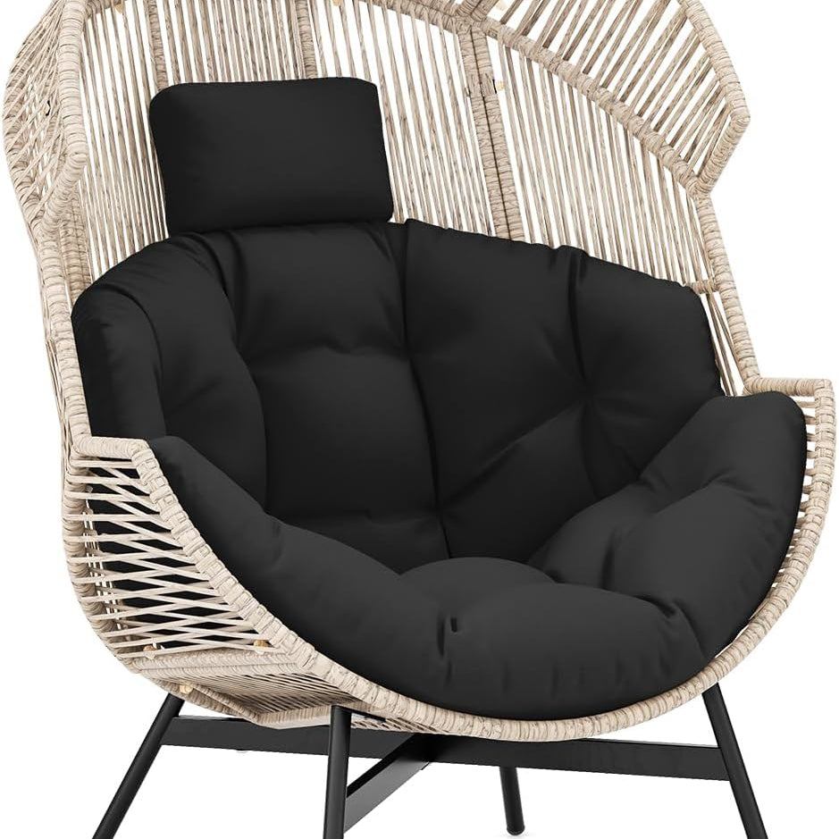 Tangkula Oversized Egg Style Chair, Wicker Stationary Patio Egg Chair w/Cushions & Headres