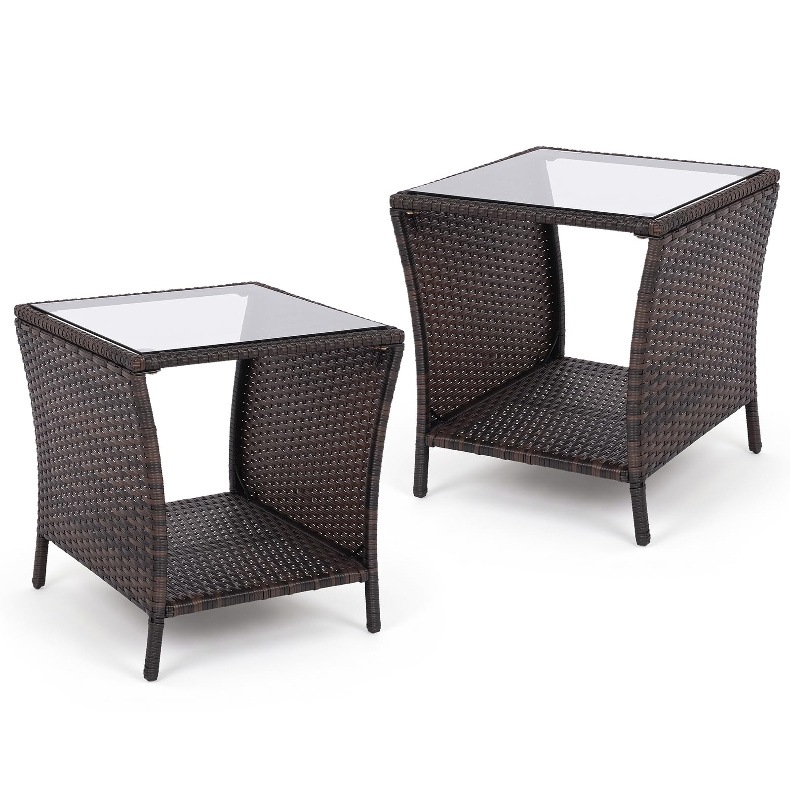 Tangkula 2-Tier Outdoor Wicker Side Table with Tempered Glass Top (1/2)