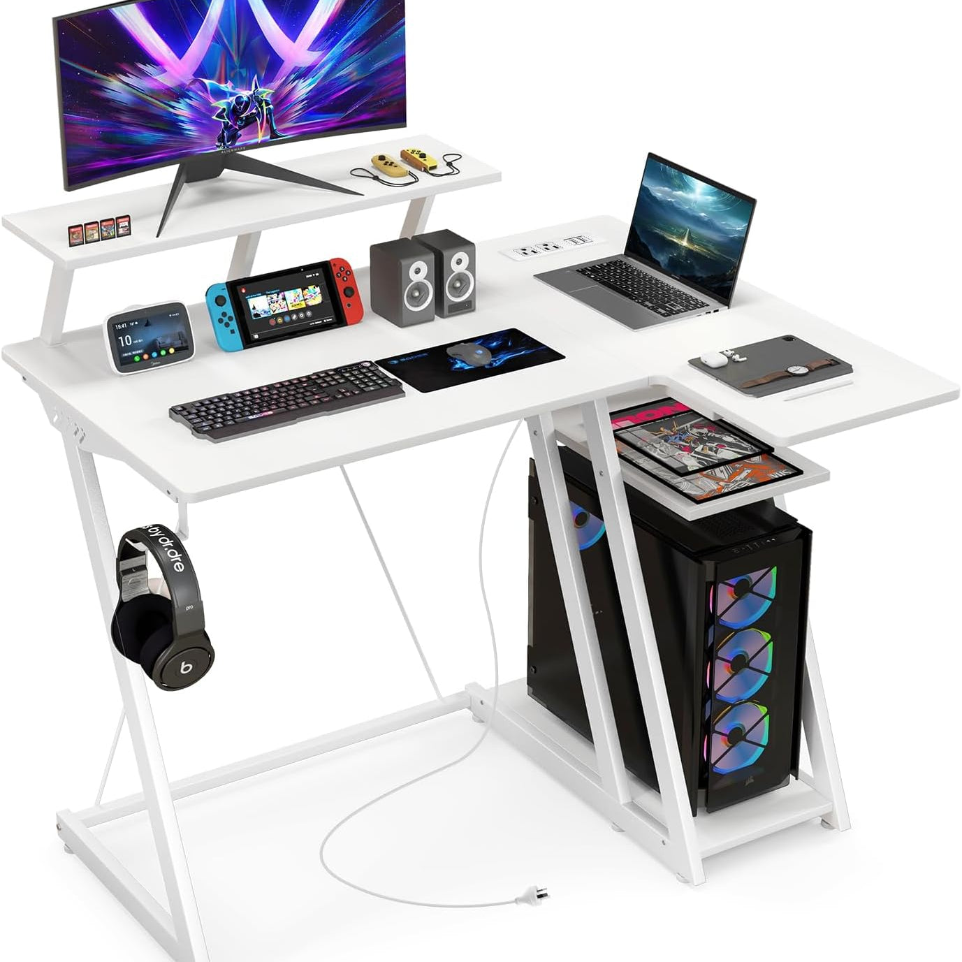 Tangkula L Shaped Gaming Desk with Power Outlets, Small Gaming Computer Desk 39inch with Storage Shelf