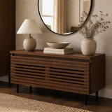 Tangkula Farmhouse TV Stand for 32/40” TV (Walnut, Cabinet) | Mid Century Modern Entertainment Center with Storage Cabinets & Fluted Drop-Down Doors