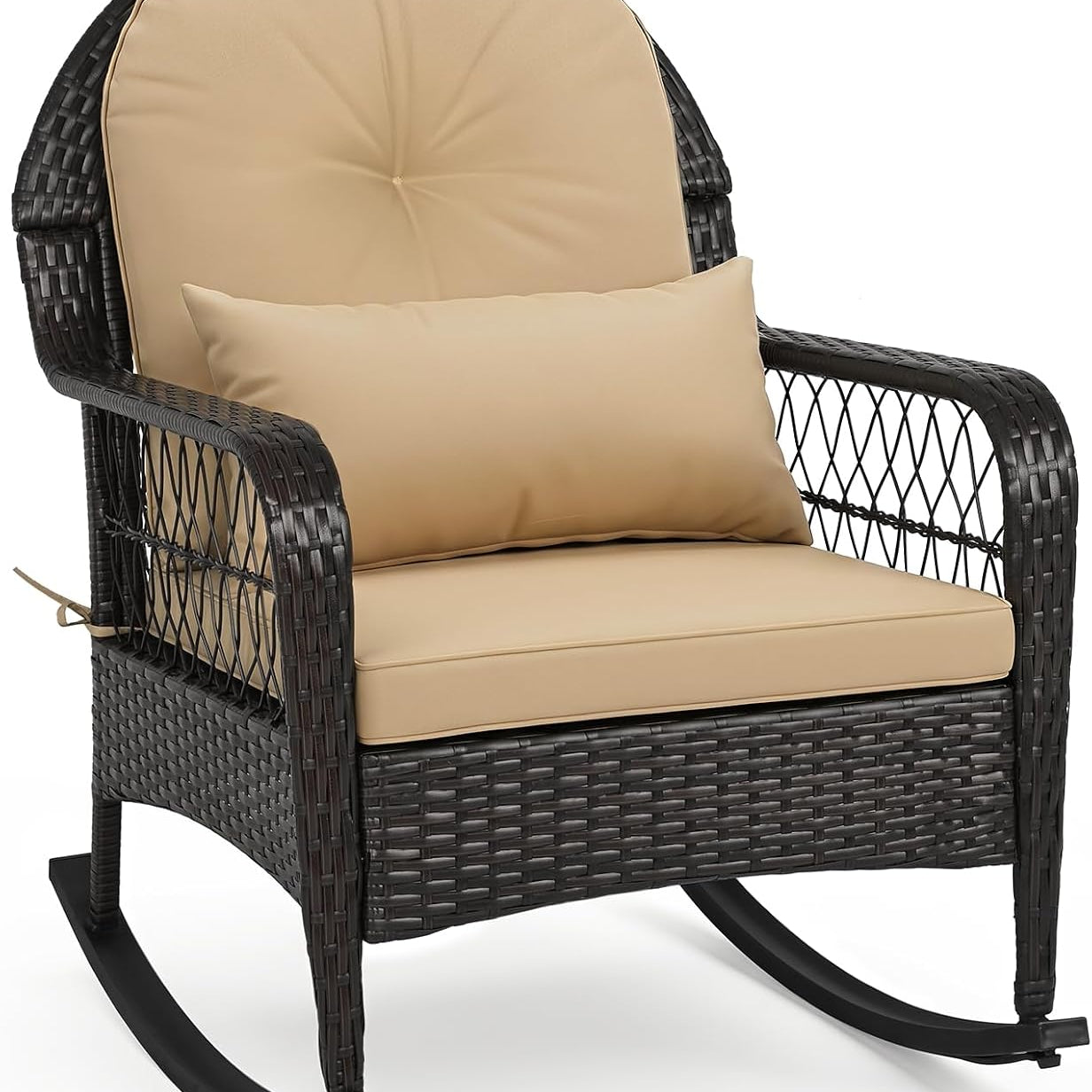 Patio Wicker Rocking Chair, Outdoor PE Rattan Rocker with Seat and Back Cushion