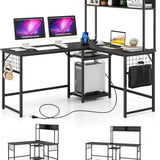 Tangkula L-Shaped Desk with Power Outlet, Large Corner Desk Converts to 2-Person Long Desk with Hutch