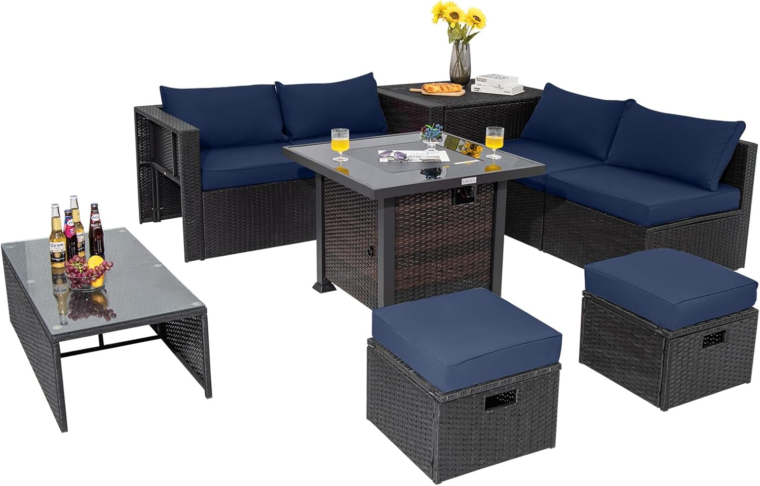 Tangkula 9 Pieces Patio Furniture Set with 32” Fire Pit Table, 50,000 BTU Square Propane Fire Pit