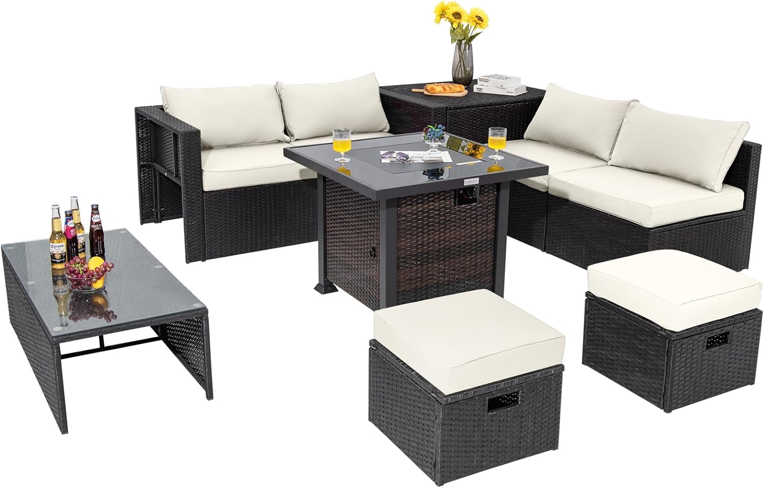 Tangkula 9 Pieces Patio Furniture Set with 32” Fire Pit Table, 50,000 BTU Square Propane Fire Pit