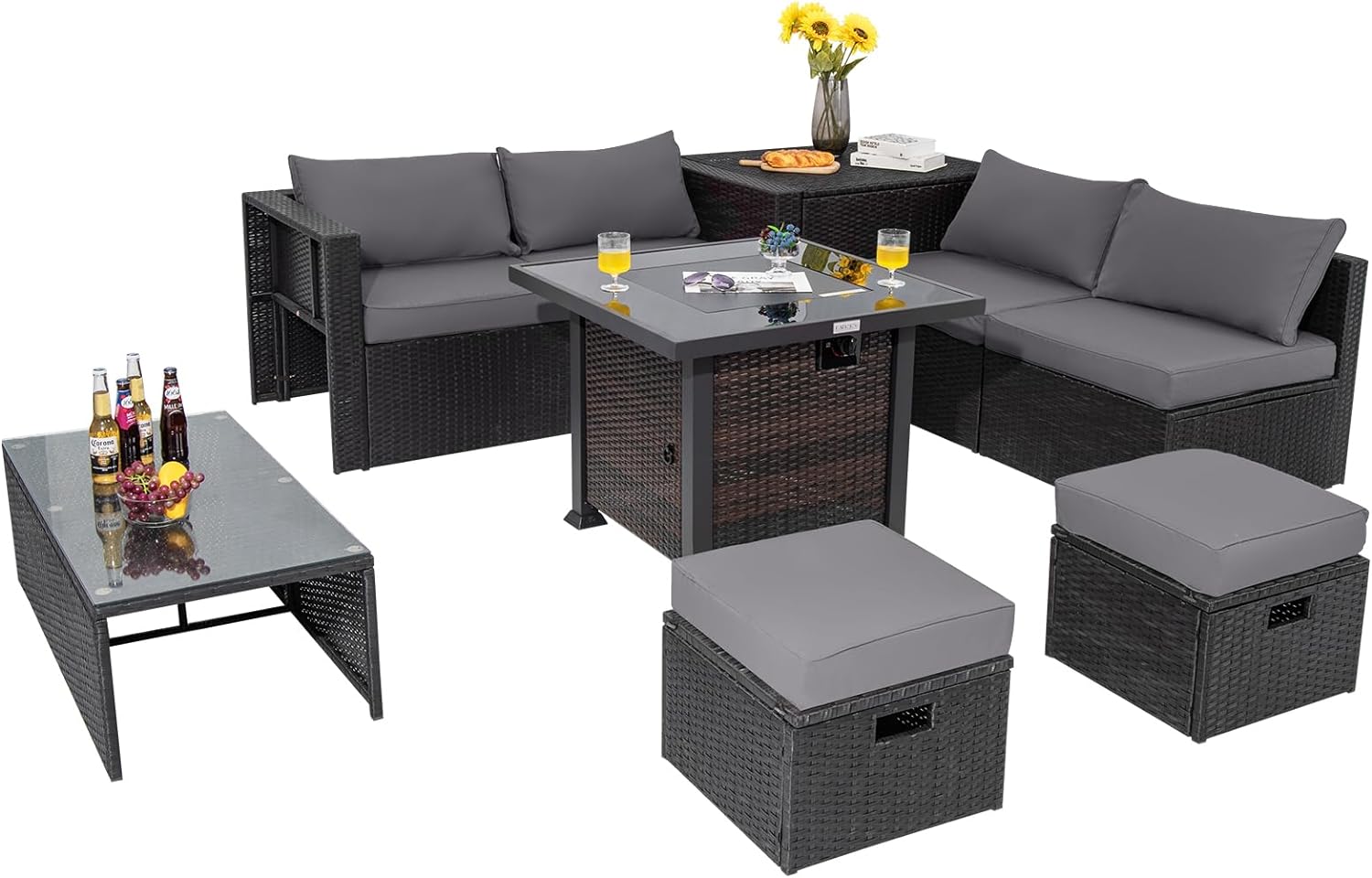 Tangkula 9 Pieces Patio Furniture Set with 32” Fire Pit Table, 50,000 BTU Square Propane Fire Pit