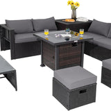 Tangkula 9 Pieces Patio Furniture Set with 32” Fire Pit Table, 50,000 BTU Square Propane Fire Pit