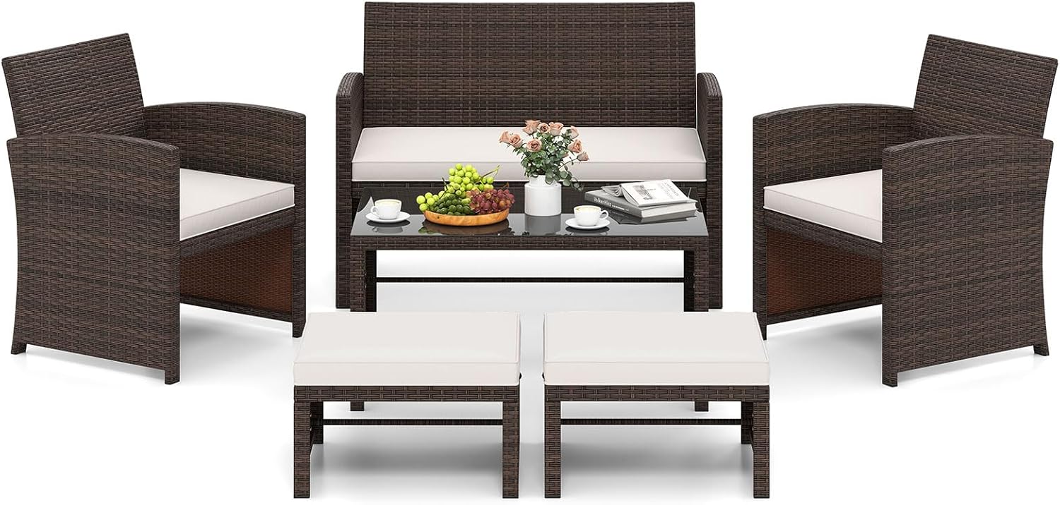 Tangkula 6 Pieces Outdoor Sectional Conversation PE Rattan Sofa Set