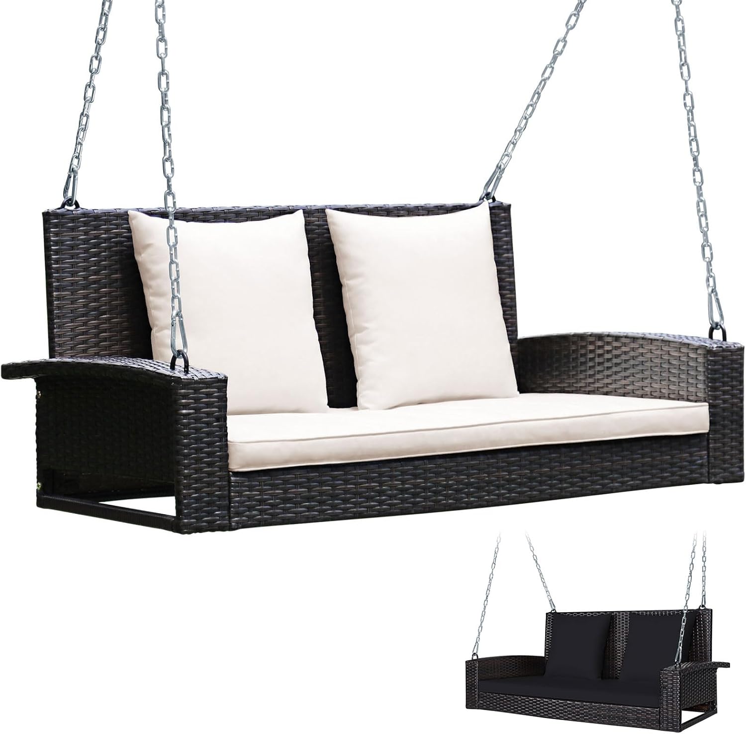 Tangkula 2-Person Wicker Hanging Porch Swing, Patiojoy Outdoor Rattan Swing Bench