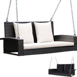 Tangkula 2-Person Wicker Hanging Porch Swing, Patiojoy Outdoor Rattan Swing Bench W/ 2 Back Cushions & 1 Seat Cushion, Sturdy Steel Chain